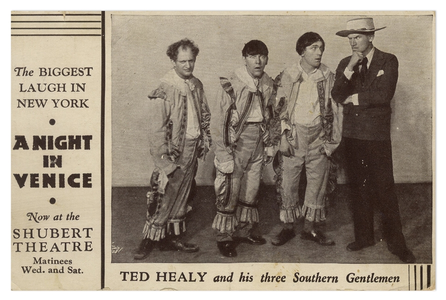 ''A Night in Venice'' Postcard, Circa 1929, Featuring ''Ted Healy and his three Southern Gentlemen'' -- 5.5'' x 3.5'' Postcard Promotes Show at the Shubert Theatre -- Very Good